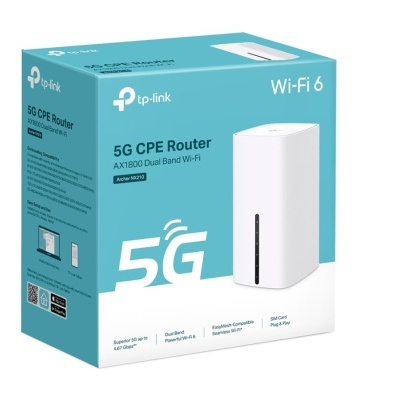 Caixa do router TP-Link 5G CPE Router AX1800 Dual Band Wi-Fi branco com etiquetas azul e branca