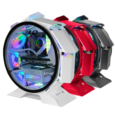 Computadores gaming circulares com iluminação RGB nas cores branca, vermelha e cinza