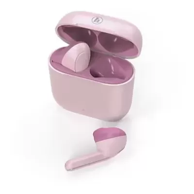 Auriculares sem fios cor-de-rosa com estojo aberto