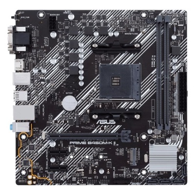 Placa-mãe ASUS PRIME B450M-K preta com linhas brancas e soquete AM4
