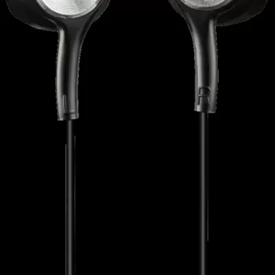 Auriculares intra-auriculares pretos com detalhes metálicos prateados.