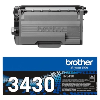 Cartucho de toner Brother TN3430 com embalagem preta e azul e informações do produto