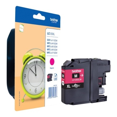 Cartucho de tinta Brother magenta LC125XL-M com embalagem azul e bege