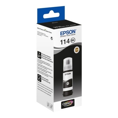 Embalagem de tinta preta Epson 114 BK com frasco preto e texto visível