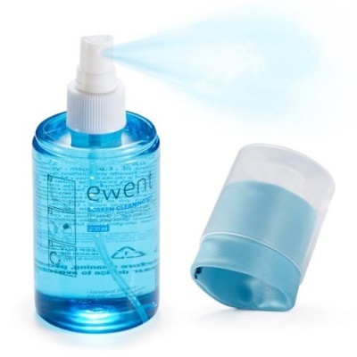 Frasco pulverizador azul transparente com tampa branca e texto 'ewent' e 'SCREEN CLEANER 100ml'
