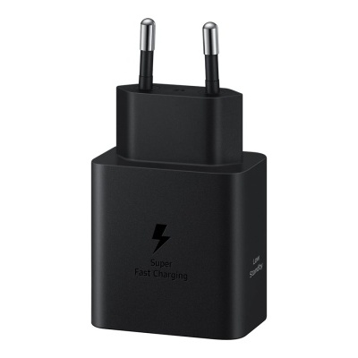 Carregador de parede preto com plugue de dois pinos e texto Super Fast Charging