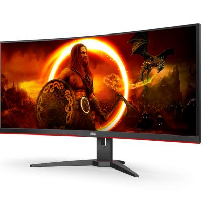 Monitor ultra-wide curvo AOC com imagem de guerreiro e dragão