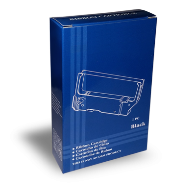 Embalagem azul de Cartucho de Fita preto com texto e desenho branco