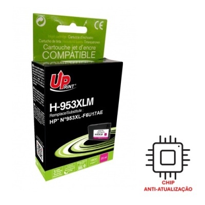 Embalagem de tinteiro preto e verde com texto e ícone de chip anti-atualização