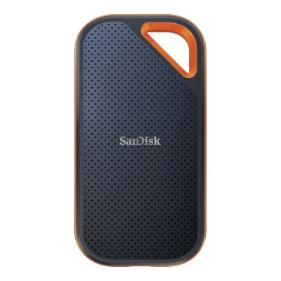 Dispositivo de armazenamento SanDisk preto com detalhe laranja