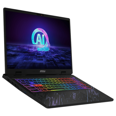 Portátil MSI aberto com teclado colorido RGB e ecrã com símbolo AI