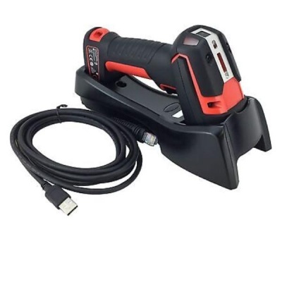 Leitor de códigos de barras preto e vermelho com base de carregamento e cabo USB