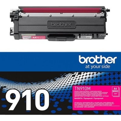 Cartucho toner Brother TN910M magenta com embalagem preta, azul, branca e rosa