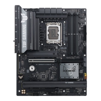 Placa-mãe ASUS TUF Gaming preta e cinzenta com soquete para processador e slots de RAM