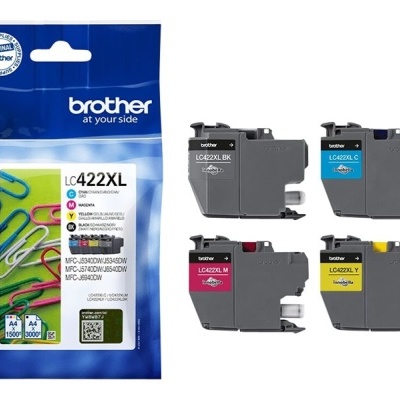 Conjunto de cartuchos tinta Brother LC422XL em embalagem azul e blanca com clipes coloridos