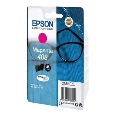 Cartucho de tinta Epson magenta 408 em embalagem azul com óculos ao fundo