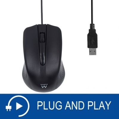 Rato USB preto com texto PLUG AND PLAY