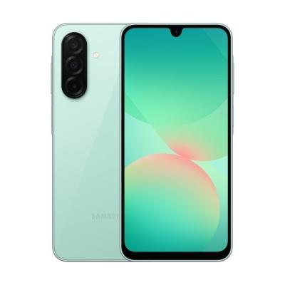 Smartphone Samsung verde claro com ecrã e câmara traseira tripla