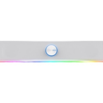 Barra branca com botão azul e luzes LED coloridas na base