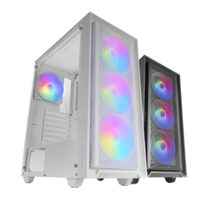 Caixa de computador branca com ventoinhas RGB coloridas e unidade similar preta ao lado