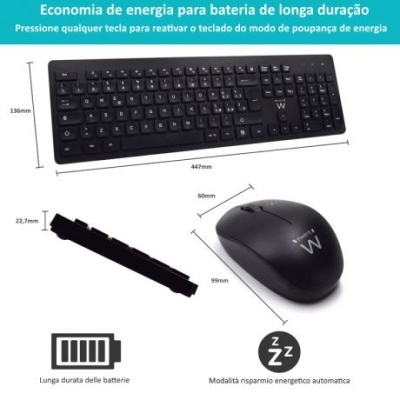 Teclado preto e rato preto com texto em português e italiano sobre economia de energia