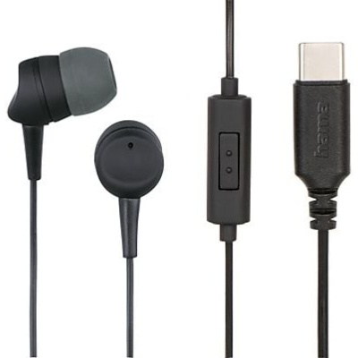 Auriculares intra-auriculares pretos com microfone e conector USB-C