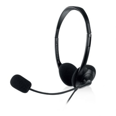 Headset preto com microfone e almofadas em espuma