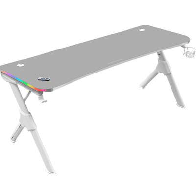 Secretária de escritório cinzenta com estrutura branca, iluminação LED colorida e suporte para copos