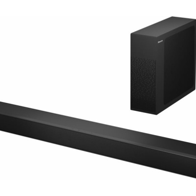 Barra de som preta com subwoofer preto em fundo branco