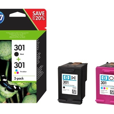Cartuchos de tinta HP 301 preto e cores com embalagem e dois cartuchos