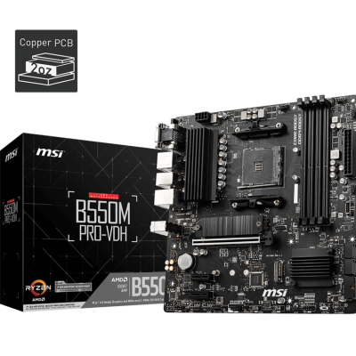 Placa-mãe MSI B550M PRO-VDH e caixa com texto e logos