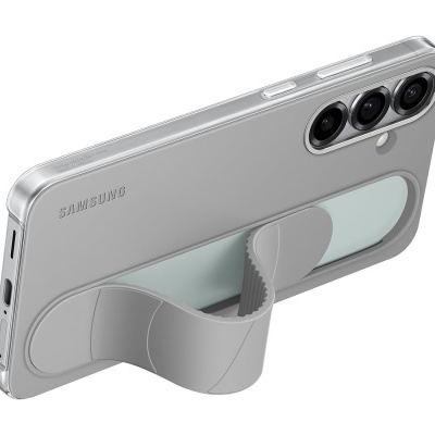 Telemóvel Samsung prateado com suporte cinzento e três câmaras