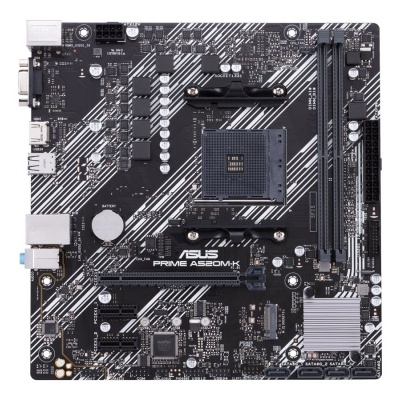 Placa-mãe ASUS PRIME A520M-K preta com detalhes brancos e slots e portas visíveis
