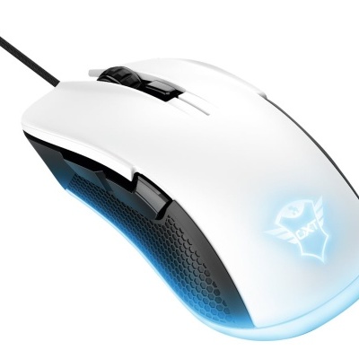 Rato de computador branco com iluminação azul e botões laterais pretos