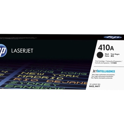 Embalagem preta e branca do cartucho toner HP LaserJet 410A preto CF410A com texto JET INTELLIGENCE