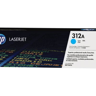 Caixa de toner HP LaserJet 312A cor ciano com texto em preto, branco e azul.