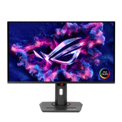 Monitor de gaming ASUS OLED em preto com suporte ajustável e logótipo ROG no ecrã