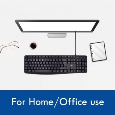 Teclado preto com monitor, óculos, café e caderno, texto 'For Home/Office use'