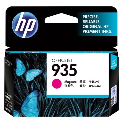 Cartucho de tinta HP OfficeJet 935 magenta em embalagem preta com borboletas azuis