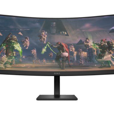 Ecrã curvo ultrawide OMEN com jogo de fantasia a ser reproduzido