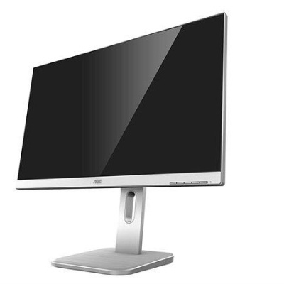 Monitor de ecrã plano prateado com base robusta em metal