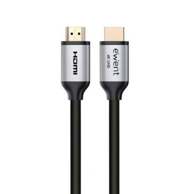 Cabo HDMI preto com conectores cinza escuro e inscrições HDMI e ewent 8K UHD