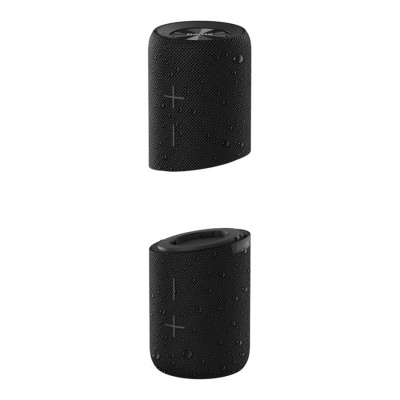 Coluna portátil preta com gotas de água e botões de volume