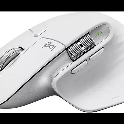 Rato sem fios branco com botões laterais e roda de scroll metálica