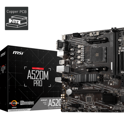 Motherboard MSI A520M PRO preta ao lado da caixa com texto e gráficos