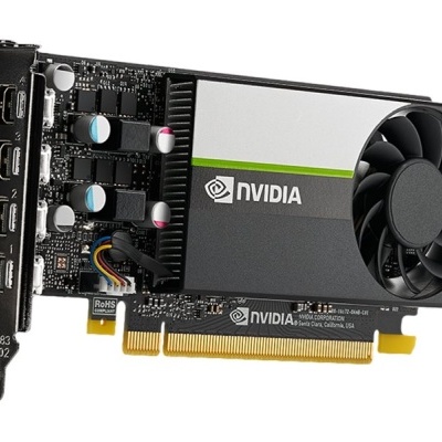 placa gráfica NVIDIA preta com ventoinha e portas de saída