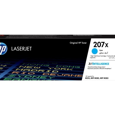 Cartucho de toner HP LaserJet 207X Cyan na embalagem preta e branca
