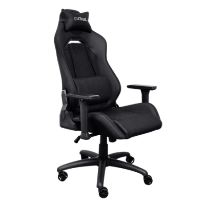 Cadeira de escritório gaming preta com apoio de cabeça e rodas, com texto GX Trust