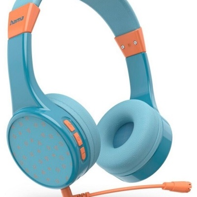 Headphones azuis claros com detalhes laranja e microfone destacável