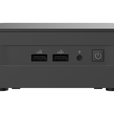 Frente de dispositivo eletrônico preto com portas USB, entrada de áudio e botão de ligar